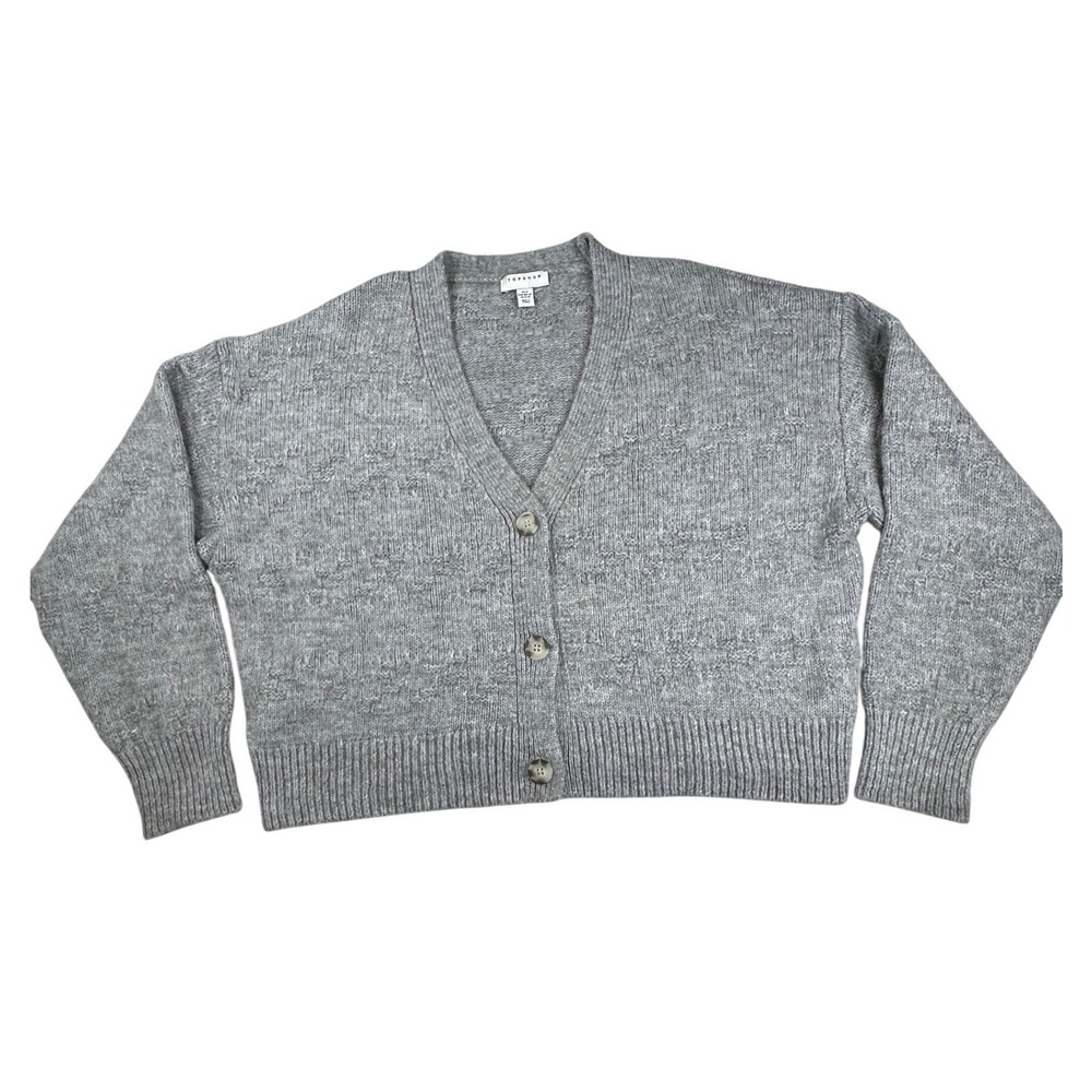 Topshop Grey Marl V-Neck Button Front Relaxed Cropped Cardigan Sweater Size M